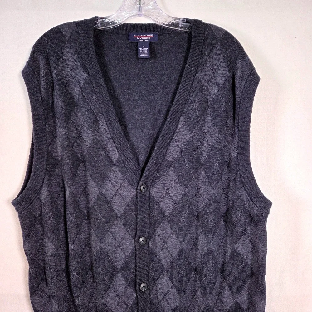 Mens XL Argyle Button Front Sweater Vest Navy Cotton Wool Blend Preppy Academia